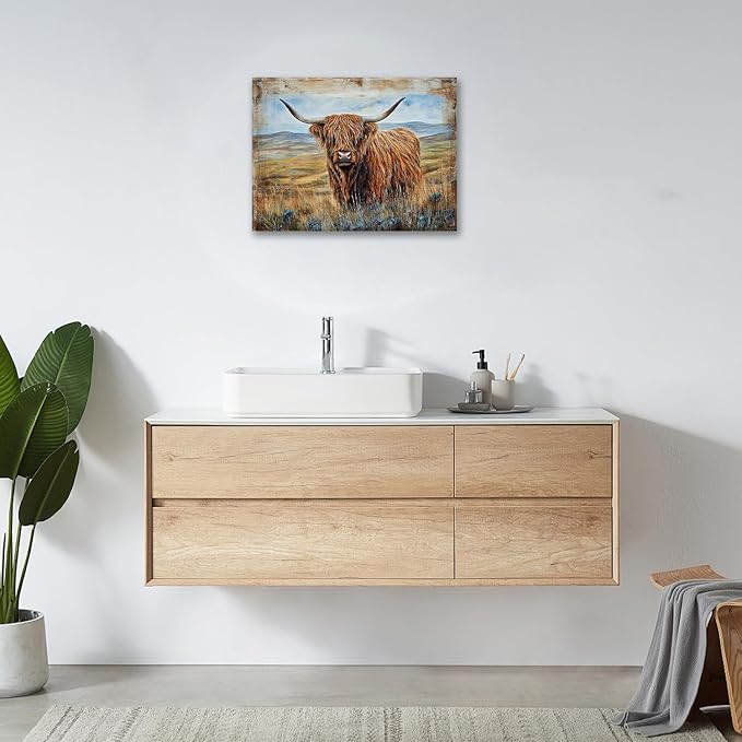 Olivine Highland Cow Wall Art, Rustic Farmhouse Cow Pictures Wall Decor, Country Painting Canvas Prints, Framed Artwork for Bathroom Bedroom Living Room Office Home Decoration 24"x20"