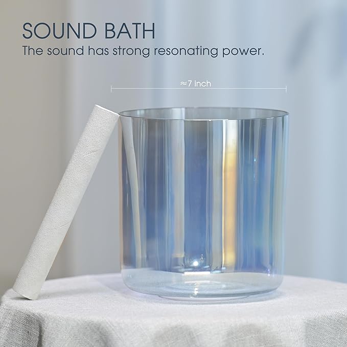 432HZ 7 Inch C Note Root Chakra Boundless Celestia Color Clear Quartz Crystal Singing Bowl with Carry Case Bag for Sound Healing and Meditation