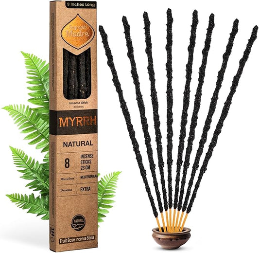 8 Natural Myrrh Incense Sticks, (9" Each) - Handmade with Myrrh Resin Organic, Natural Carbon & Salt for Purification, Healing & Space Cleansing Aromatherapy - 1 Hour Burn Time