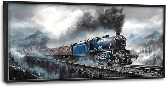 Kylora Train Wall Art Blue Gray Train Pictures Wall Decor Large Master Over Above Bed Canvas Bridge Prints Horizontal Modern Artwork Painting Home Office Decorations For Kitchen Bedroom 30"x60"