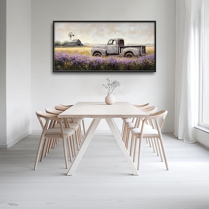 Rustic Truck Wall Art Farmhouse Lavender Barn Pictures Wall Decor Country Large Master Over Above Bed Canvas Prints Horizontal Modern Artwork Painting Home Office Decorations For Bedroom 30"x60"