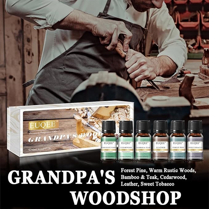 Fragrance Oils Gift Set Premium Woody Scented Oil - Forest Pine, Warm Rustic Woods, Bamboo & Teak, Cedarwood, Leather, Sweet Tobacc(Honeyed Haze), for Diffuser, Soap Making, Candle - 6x10ml