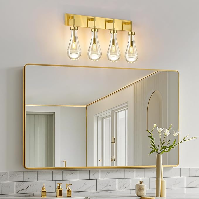 Raindrop Wall Sconces Gold Crystal Sconces Wall Decor Modern Brass Lighting Glass Bathroom Sconces Indoor Vanity Light Wall Lamp for Bedroom Living Room Stair(4-Light)