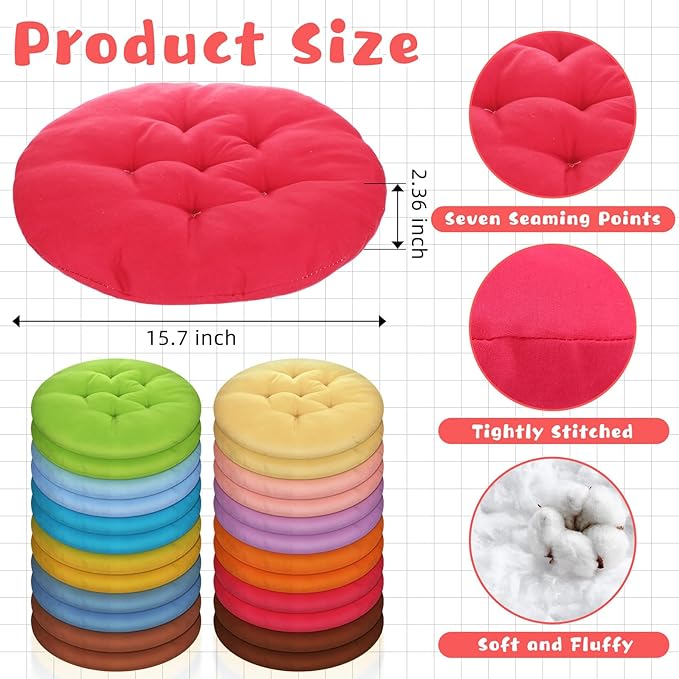 24 Pcs Round Floor Cushions Floor Pillows Meditation Seat Pillows Flexible Seating for Adults Kids, Chair Cushions for Classroom, Nursery, Living Room, Yoga(Medium 15.7 Inch,Colorful)