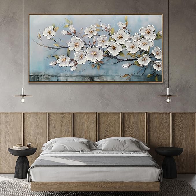 Anolyfi Large White Textured Flowers Wall Art for Living Room Canvas Painting, Modern Elegant Landscape Artwork for Bedroom Hallway Kitchen Office Home Decor, Wood Framed 48"x24"