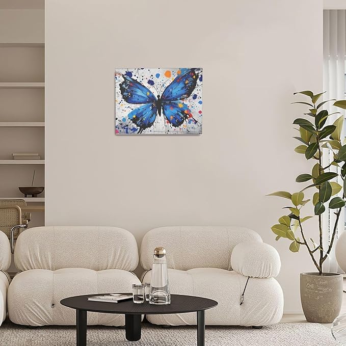 Banksy Butterfly Wall Art Blue Butterfly Street Art Graffiti Wall Decor Pictures Painting Canvas Artwork Framed Decoration Gifts for Women Girl Living Room Bedroom Office 12"x16"