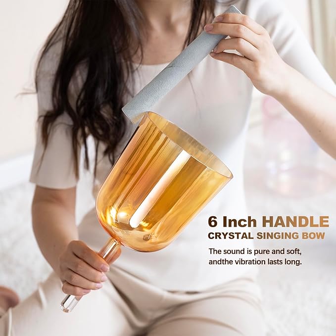 432HZ 6 Inch F Note Golden Tea Color Quartz Handle Singing Bowl with Carry Case Bag for Sound Healing and Meditation