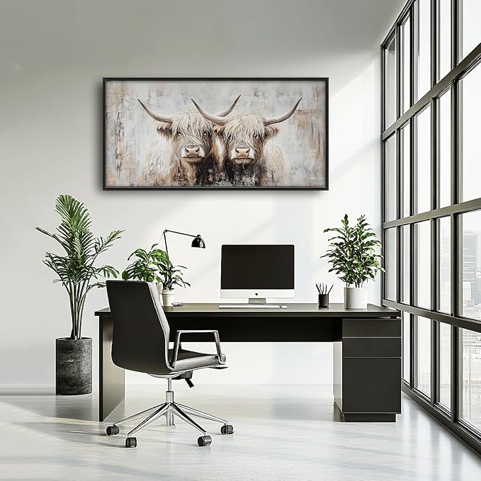 SweetFox Extra Large Highland Cow Framed Wall Art for Living Room, Farmhouse Highland Cattle Pictures Oversized Wall Decor Abstract Canvas Painting Print Artworks for Bathroom Bedroom 60L X 30W