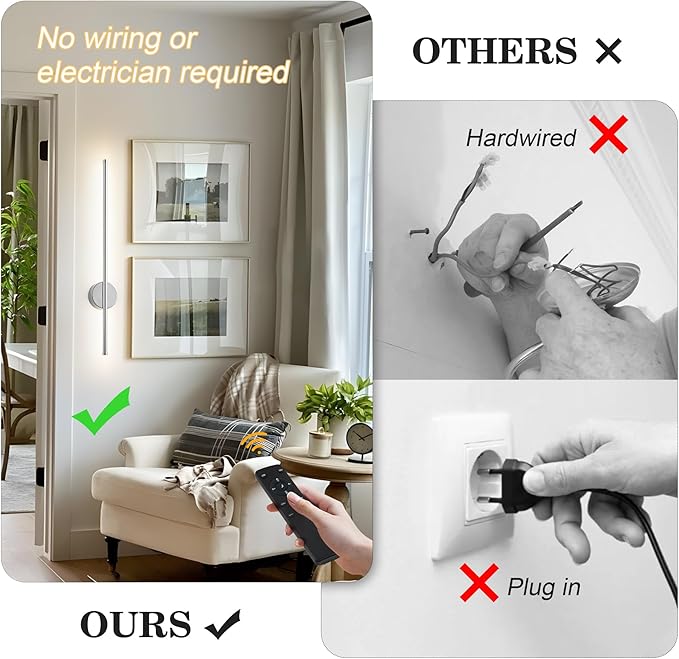 Battery Operated Modern Wall Sconces, Dimmable Wireless Wall Light Set of Two with Remote Control, 3 Color Temperatures, Rechargeable LED Wall Sconce for Bedroom, Living Room, Hallway 23.6 Inch Chrome