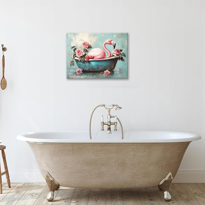 Olivine Flamingo Wall Art, Funny Animal Bathtub Pictures Wall Decor, Vintage Flamingo Bathroom Painting Tropical Animal Canvas Prints, Framed Artwork for Bedroom Living Room Office Home 16"x12"