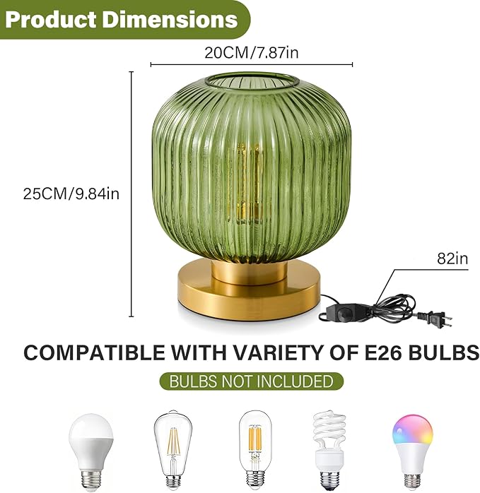 Small Green Glass Table Lamp: Mid Century Modern Dimmable Nightstand Lamps - Vintage Decor Brass Desk Lamp with Plug - Ribbed Glass Bedside Tables Lamps for Bedroom Living Room Office Bulb Excluded