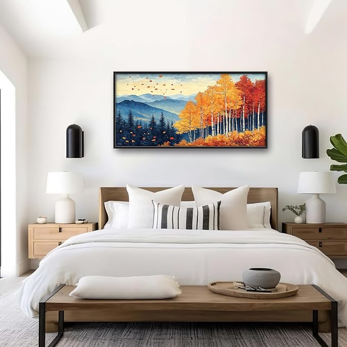 Fall Maple Leaf Large Wall Art Autumn Leaves Pictures Wall Decor Mountain Canvas Landscape Painting Modern Artwork Home Decoration for Living Room Bathroom Bedroom Office Framed 60"x30"