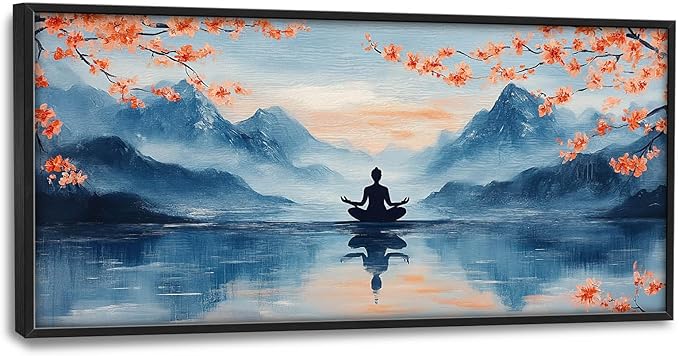 Zen Large Wall Art Buddha Lake Pictures Wall Decor Cherry Blossom Canvas Landscape Meditation Print Painting Modern Artwork Home Decoration for Yoga Spa Living Room Bathroom Bedroom Office Framed 60"x30"