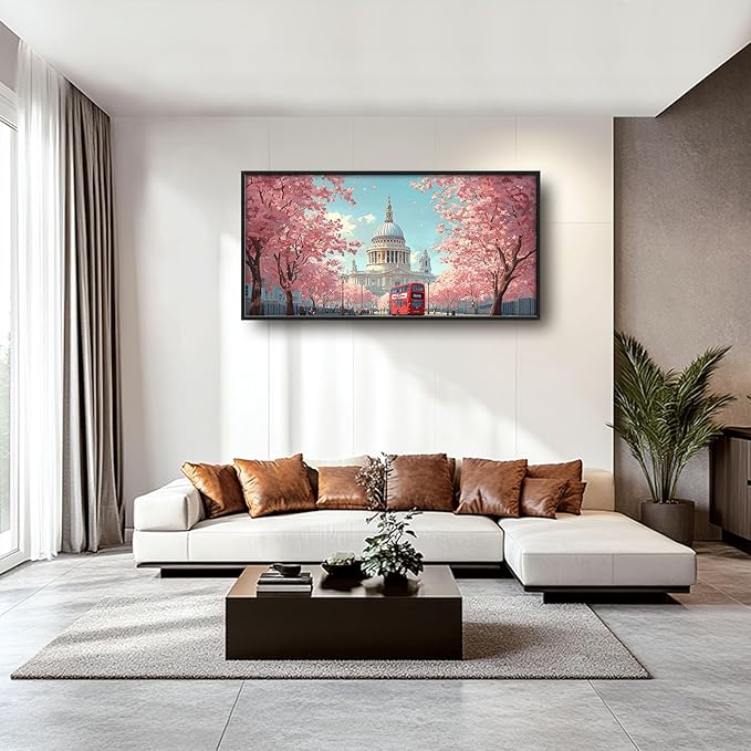 London Paul’s Cathedral Large Wall Art Cityscape Cherry Blossom Pictures Wall Decor Street Scene Canvas Spring Print Painting Modern Artwork Home Decoration for Living Room Bathroom Bedroom Office Framed 60"x30"