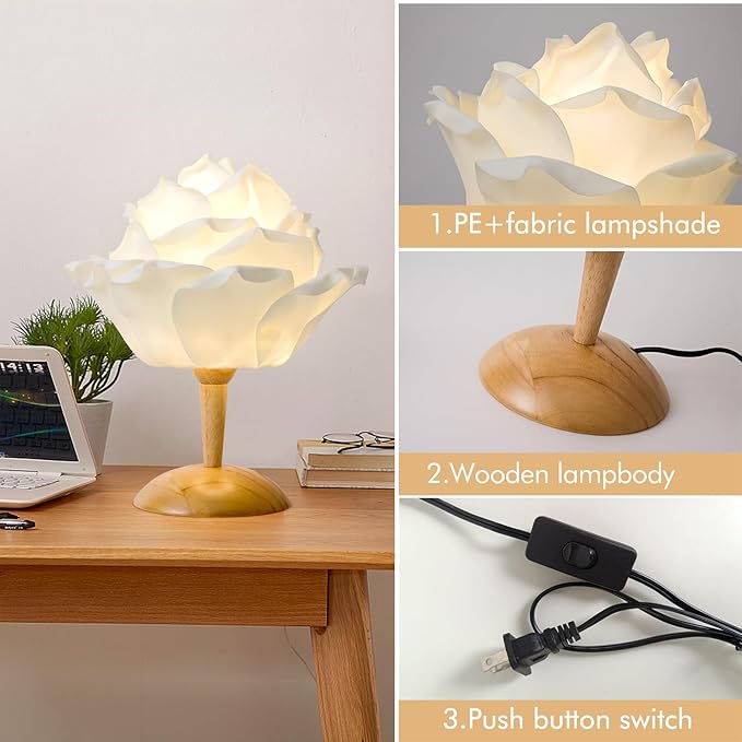 White Flower Table Lamp Creative Lotus Desk Lamp for Bedroom Modern Fabric Nightstand Light Bedside Lamp for Wedding Decor Living Room Study Rooms Restaurants Hotel