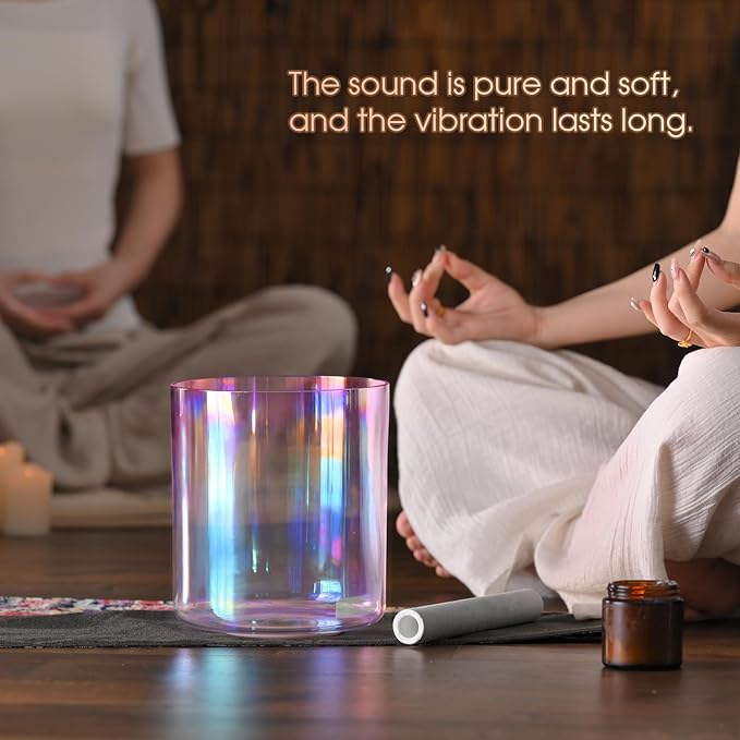 440HZ 7 Inch F Note Heart Chakra Pink Purple Color Clear Quartz Crystal Singing Bowl with Carry Case Bag for Sound Healing and Meditation