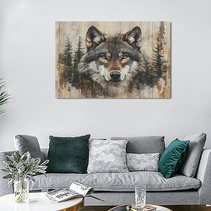 Vintage Wolf Wall Art Farmhouse Wildlife Wall Decor Country Animal Pictures Canvas Painting Artwork Home Decorations for Living Room Bedroom Bathroom Office 24"x16"