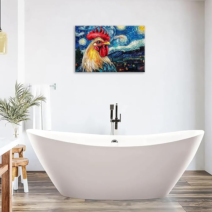 Olivine Rooster Wall Art, Vintage Chicken Pictures Wall Decor, Starry Night Painting Farmhouse Rooster Canvas Prints, Framed Artwork for Bathroom Bedroom Living Room Office Home Decoration 24"x16"