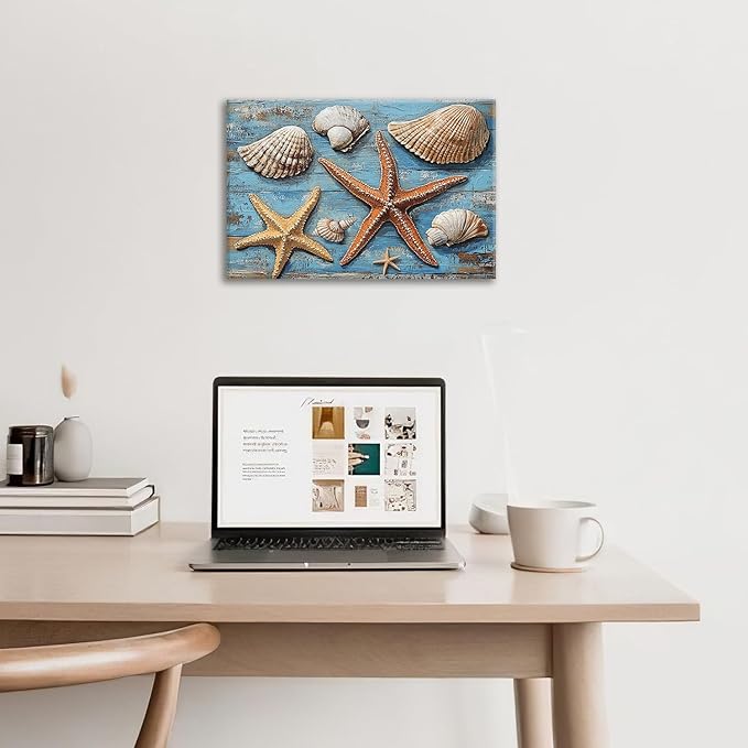Olivine Seashell Wall Art, Coastal Starfish Pictures Wall Decor, Beach Theme Painting, Blue Seashell Canvas Prints, Framed Artwork for Bathroom Bedroom Living Room Office Home Decoration 24''x16''