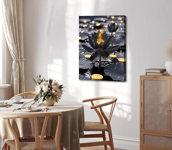 Framed Black and Gold Lotus Floral Wall Art Prints,Black Lotus Art Blooming in Water for Zen Office Decor Wall Art,Modern Meditation Poster Yoga SPA Room Bathroom Home Decor(12"x16")