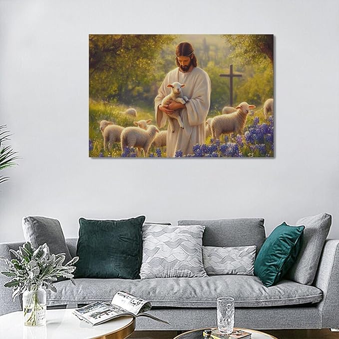 Fleruku Jesus Lamb Wall Art Christ Christian Wall Decor Jesus Religious Sign Pictures Canvas Painting Artwork Home Decorations for Living Room Bedroom Bathroom Office 24"x16"