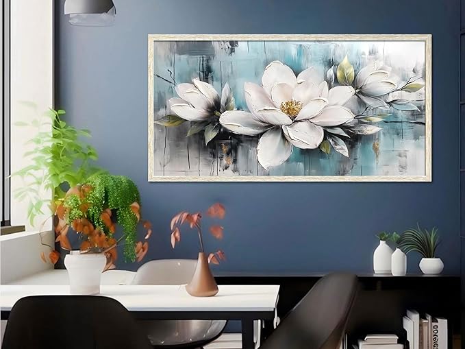 Ardemy Rustic Flower Wall Art Framed White Floral Canvas Painting Magnolia Textured Picture Teal Grey Artwork for Living Room Bedroom Bathroom Dining Room Home Office Wall Decor, Large 40"x20"