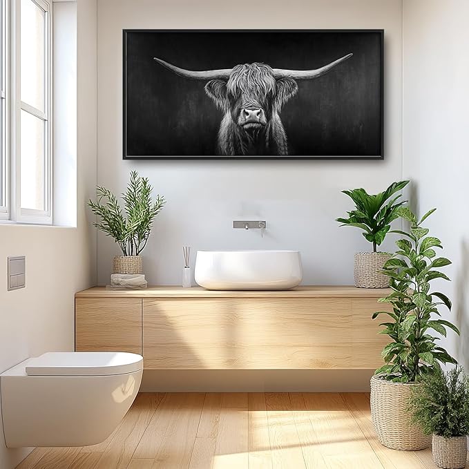 SweetFox Extra Large Highland Cow Framed Wall Art for Living Room, Black and White Longhorn Cattle Pictures Oversized Wall Decor Abstract Canvas Painting Print Artwork for Bathroom Bedroom 60L X 30W