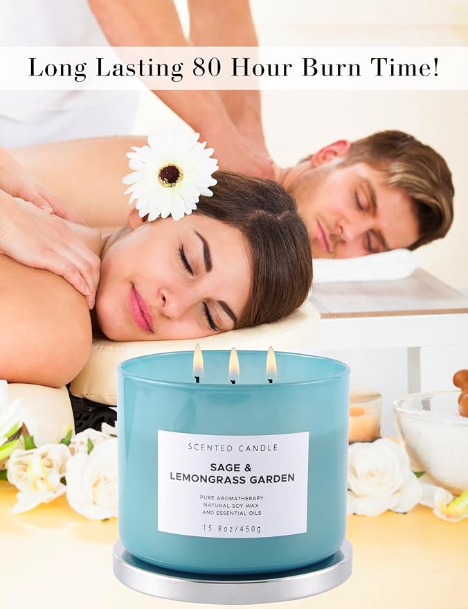 Sage Lemongrass Garden 3 Wick Scented Candle | Large Soy Candles for Home 15.8 oz | Long Lasting Stress Relief Candle | Soothing Sage Candles for Cleansing | Aromatherapy Candle Gift for Women & Men