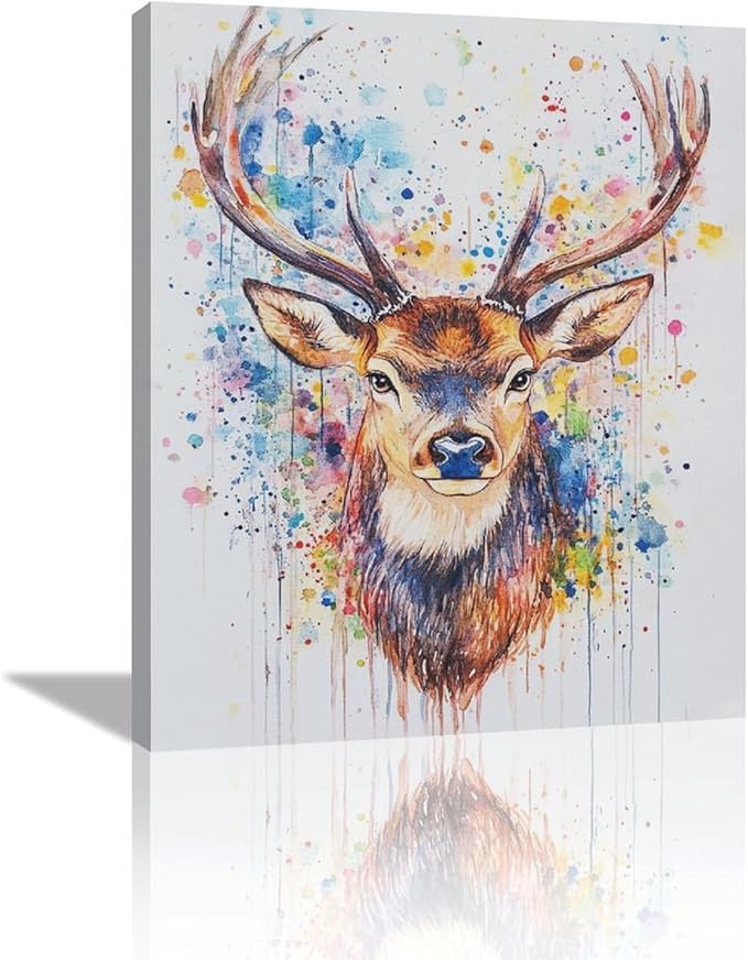 Fleruku Watercolor Deer Wall Art Colorful Elk Wall Decor Antlers Pictures Animal Canvas Painting Artwork Home Decorations for Living Room Bedroom Bathroom Office Nursery Classroom 20"x24"