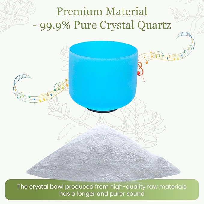 432HZ 8 Inchs Frosted Crystal Singing Bowl Set for Meditation Healing Yoga Chakra Quartz Crystal Sound Bowls with Heavy Duty Carry Case and Rubber Mallet,Suede Striker,O-rings
