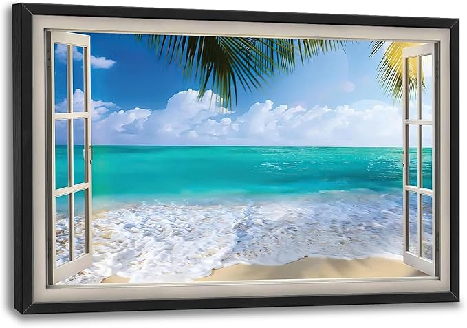 Beach Wall Art Ocean Palm Pictures Wall Decor Window Coastal Large Canvas Prints Paintings Home Office Decorations Framed Artwork for Living Room 36"x24"
