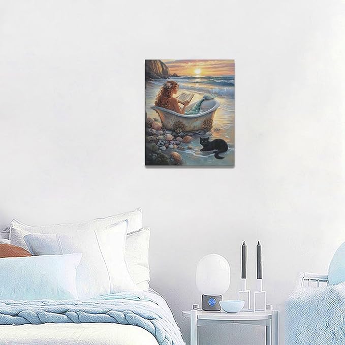 Mermaid Wall Art Beach Coastal Nautical Wall Decor Sunset Cat Pictures Canvas Painting Framed Artwork Home Decorations for Bathroom Living Room Bedroom Office 20"x24"