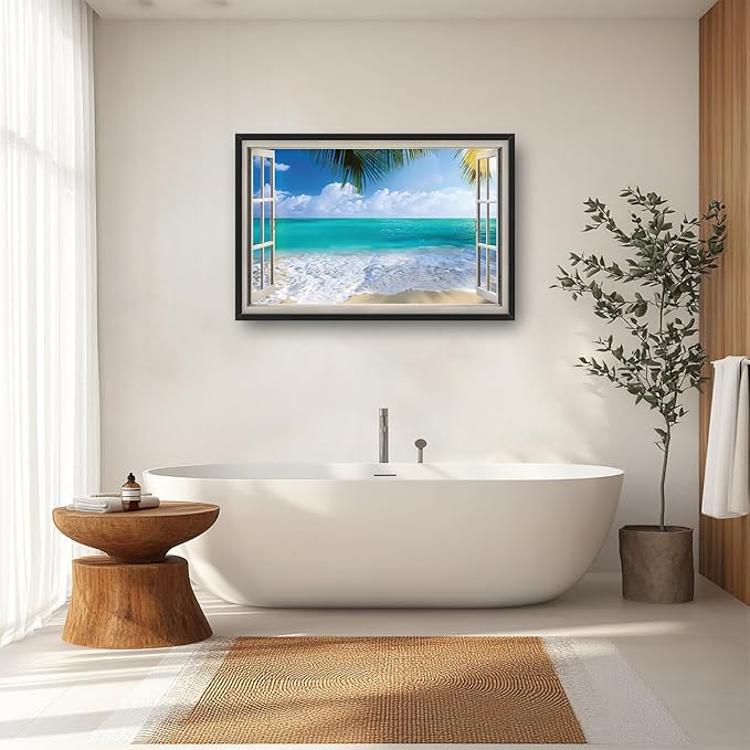 Beach Wall Art Ocean Palm Pictures Wall Decor Window Coastal Large Canvas Prints Paintings Home Office Decorations Framed Artwork for Living Room 36"x24"