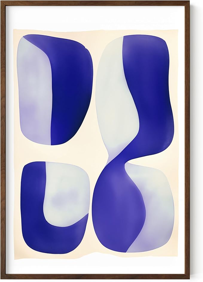HAUS AND HUES Modern Abstract Wall Art - Blue and Green Living Room Art, Modern Artwork for Walls, Minimalist Picture for Living Room(Blue Tribal Shapes 2, Walnut Frame, 24x36)