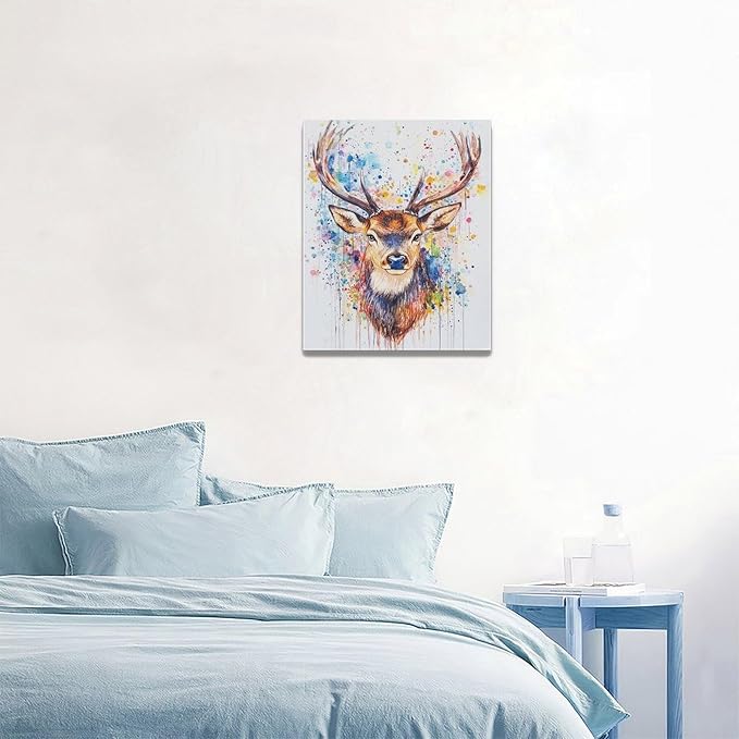 Fleruku Watercolor Deer Wall Art Colorful Elk Wall Decor Antlers Pictures Animal Canvas Painting Artwork Home Decorations for Living Room Bedroom Bathroom Office Nursery Classroom 16"x20"