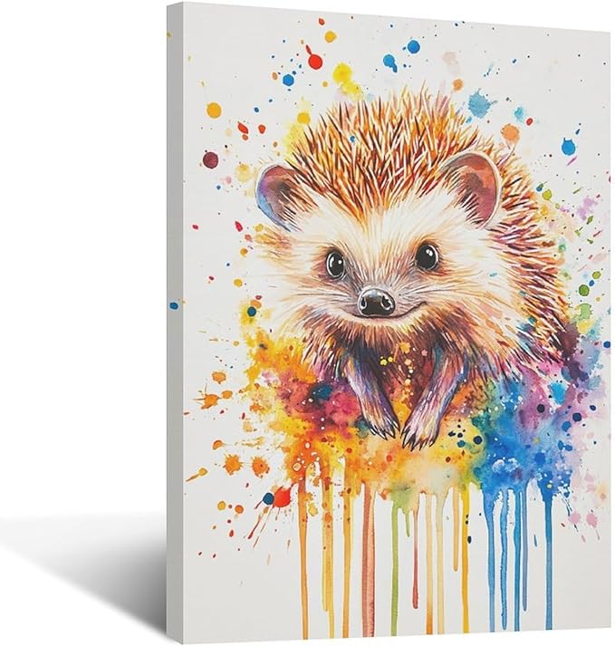 Fleruku Watercolor Hedgehog Wall Art Colorful Hedgehog Wall Decor Cute Animal Pictures Canvas Painting Artwork Home Decorations for Living Room Bedroom Bathroom Office Nursery Classroom 16"x24"