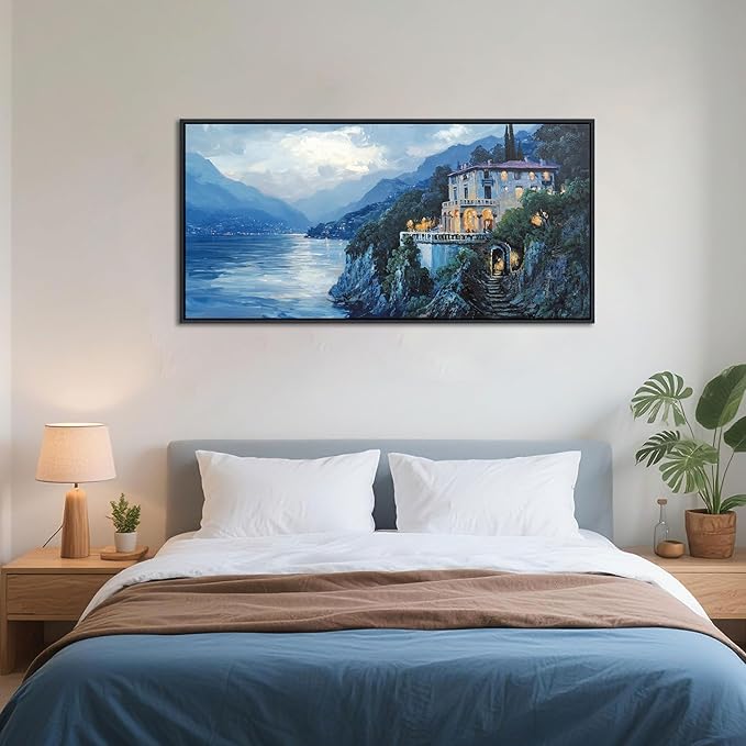 QZQCBLC Large Canvas Wall Art, Blue Mountains Lake Houses Green Trees Landscape Framed Oil Paintings Artwork for Living room Bedroom Home Kitchen Office Wall Pictures Decor 24x48 IN