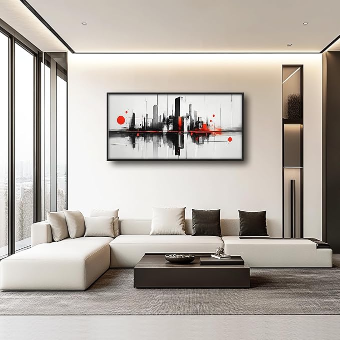 Black White Red City Wall Art City Skyline Large Pictures Wall Decor Abstract Canvas Prints Painting Framed Artwork Decoration Above Bed for Bedroom Living Room Gallery Office 60"x30"
