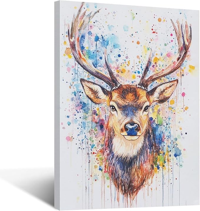 Fleruku Watercolor Deer Wall Art Colorful Elk Wall Decor Antlers Pictures Animal Canvas Painting Artwork Home Decorations for Living Room Bedroom Bathroom Office Nursery Classroom 16"x24"