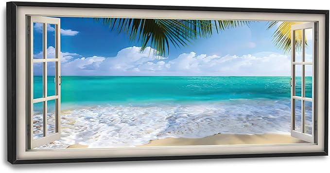 Beach Wall Art Ocean Palm Pictures Wall Decor Window Coastal Large Canvas Prints Paintings Home Office Decorations Framed Artwork for Living Room 60"x30"