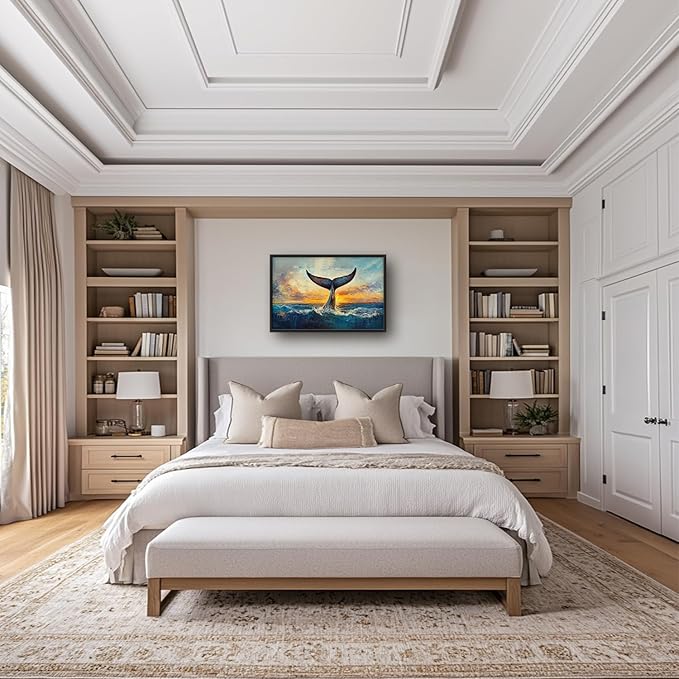 SweetFox Extra Large Whale Tail Framed Wall Art for Living Room, Coastal Ocean Whale Pictures Oversized Wall Decor Abstract Big Canvas Painting Print Artworks for Bathroom Master Bedroom 36L X 24W