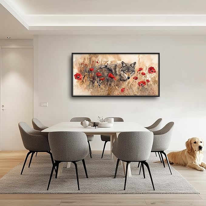 SweetFox Extra Large Watercolor Wolf Framed Wall Art for Living Room, Wild Flowers Wolf Pictures Oversized Wall Decor Abstract Canvas Painting Print Artwork for Bathroom Master Bedroom 60L X 30W