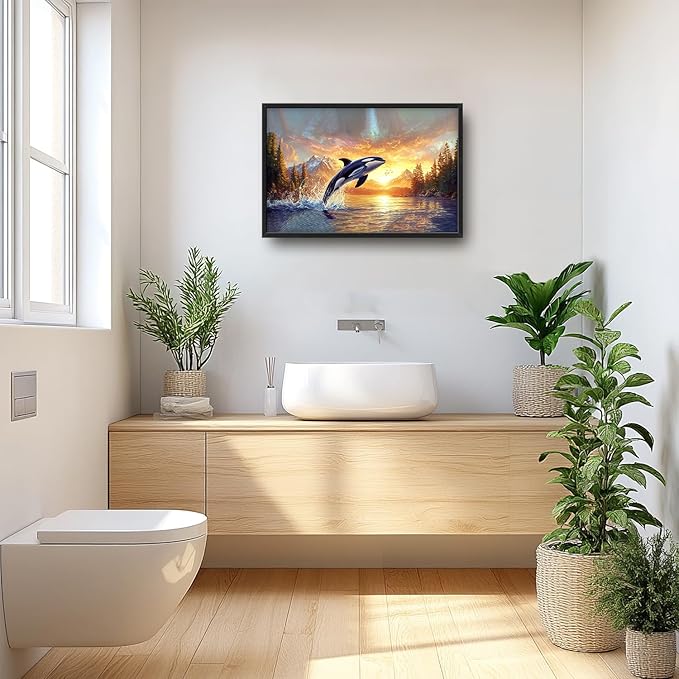 SweetFox Extra Large Orca Whale Sunset Framed Wall Art for Living Room, Ocean Wildlife Pictures Oversized Wall Decor Abstract Big Canvas Painting Print Artworks for Bathroom Bedroom 36L X 24W