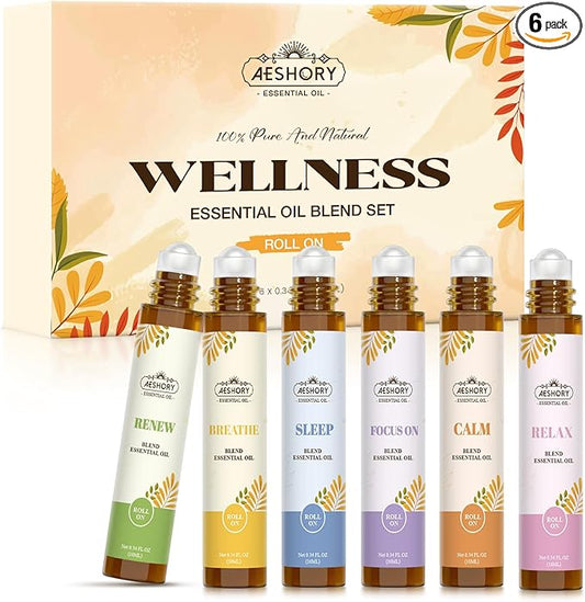 Essential Oils Roll On Set(Calm, Relax, Breathe, Focus on, Sleep, Renew), Natural Aromatherapy Oil Blend Kit with Roller Ball for Massage, Body Skin Care, Home, Relaxation Gift for Women & Men