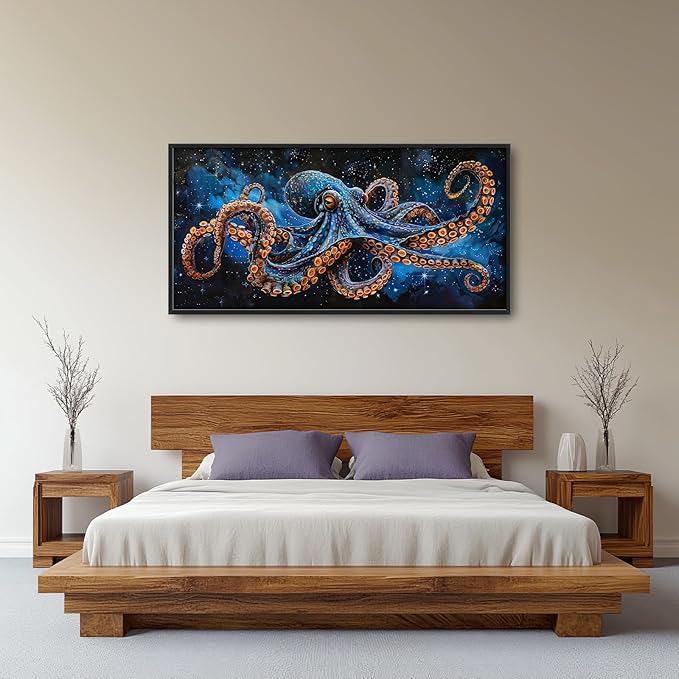 Octopus Wall Art Blue Space Octopus Pictures Wall Decor Galaxy Canvas Prints Framed Artwork Paintings Coastal Home Office Decorations for Living Room Bedroom Dinning Room 60"x30"