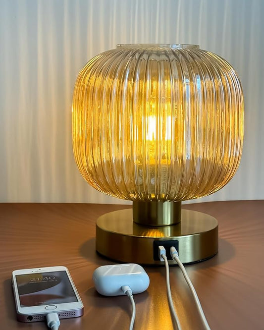Big Touch Table Lamp,Elegant Gold Glass Bedside Lamp 3 Way Dimmable with USB C+A Charging Ports - Bedroom Nightstand & Living Room Essential, 4W Bulb Included (Gold)