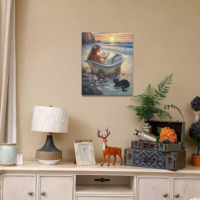 Mermaid Wall Art Beach Coastal Nautical Wall Decor Sunset Cat Pictures Canvas Painting Framed Artwork Home Decorations for Bathroom Living Room Bedroom Office 16"x20"