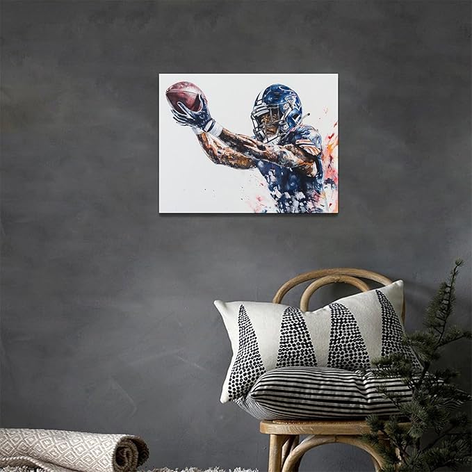 Football Wall Art Football Player Wall Decor Sports Pictures Canvas Painting Framed Artwork Home Decorations for Boy Room Living Room Bedroom Bathroom Office 16"x12"