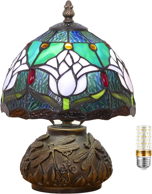 Small Tiffany Lamp Mini Stained Glass Table Lamp Mushroom Memory Sympathy Accent Lamp 8X11 Inch (Tulip Flower Style)