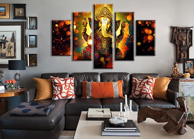 DJSYLIFE Extra Large Premium Quality Picture Canvas Wall Art - 5 Pieces Hindu God Ganesha Art Wall Home Decor HD Print Home Wall Hanging Art Prints Modular Pictures - Ready to Hang (60''W x 40''H)